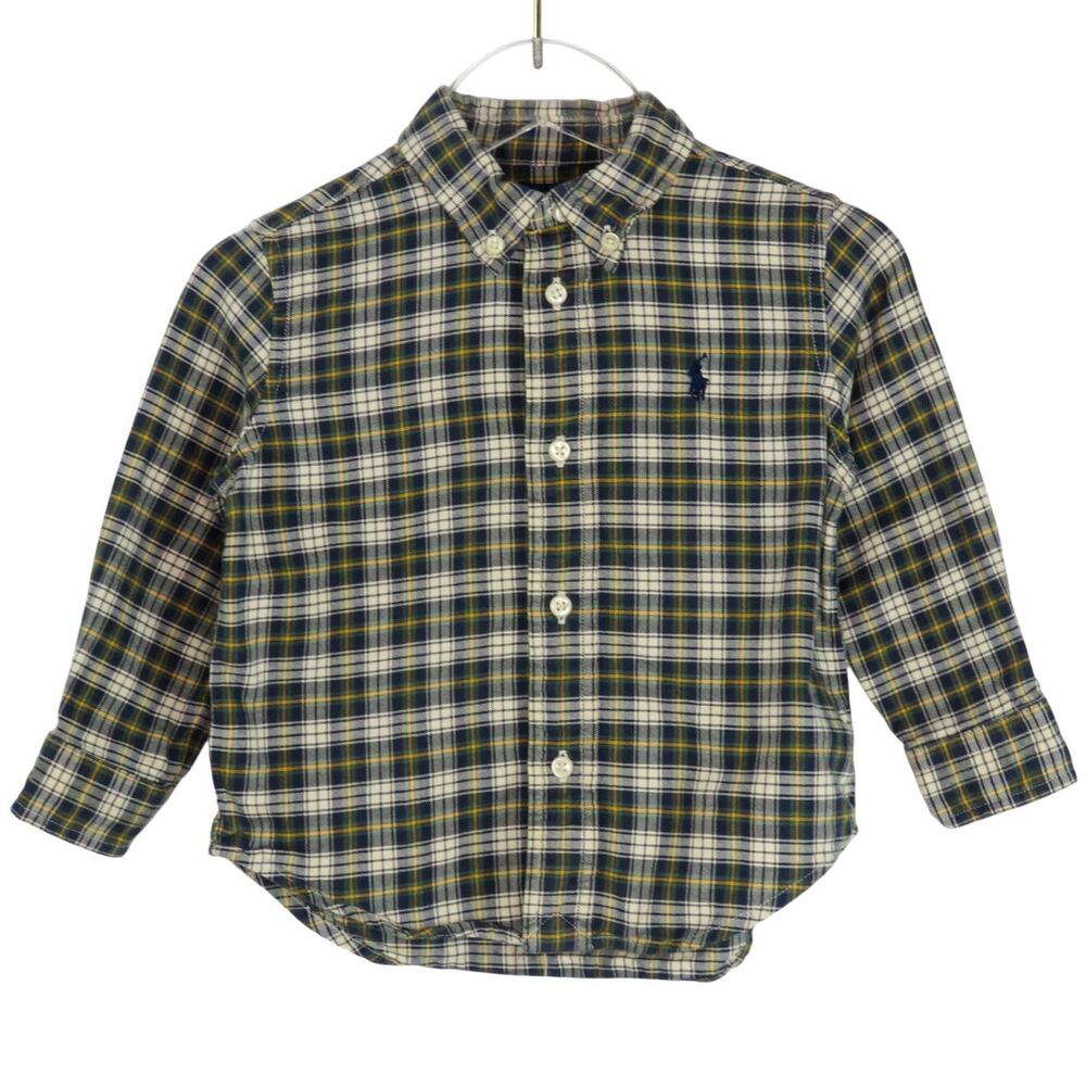 Polo Ralph Lauren Olive Green White Plaid Button Down Shirt 18M Boy 18-24 Months